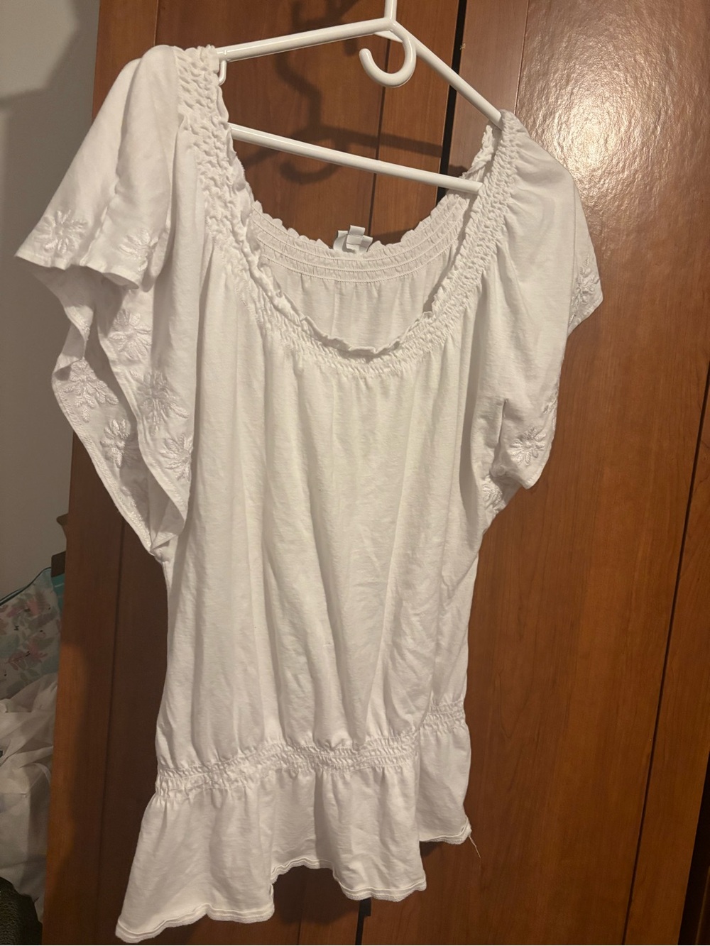 White Women's Peasant Top - Casual Embroidered Sleeve